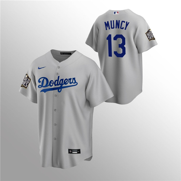 Men's Los Angeles Dodgers #13 Max Muncy Grey 2020 World Series Bound stitched MLB Jersey - Click Image to Close